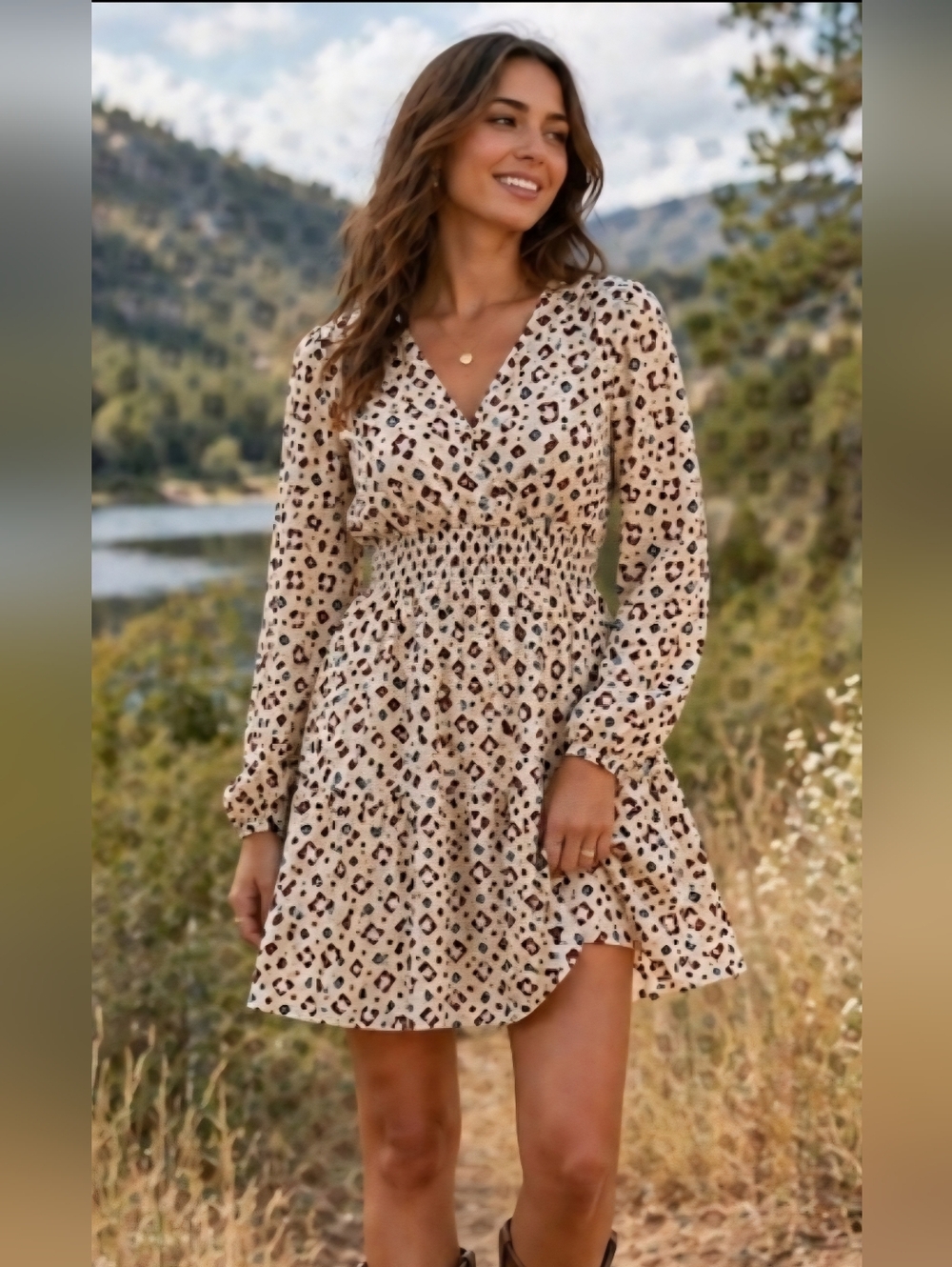 Elegant Western Style Tan and Brown Patterned Dress, L